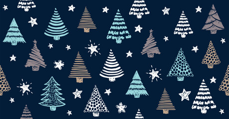 Wall Mural - christmas tree and gift on blue, pattern, hand drawn illustrations.
