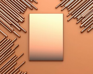 Fototapete - A minimalist design featuring a blank reflective surface surrounded by textured golden rods on a warm background.