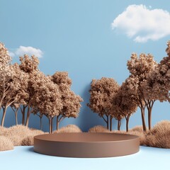 Poster - 3D Rendering of Brown podium mock up, trees, sky and nature on light blue background, platform for product presentation.