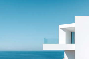 Poster - Modern architecture overlooking a serene ocean under a clear blue sky.