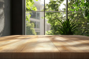 Wall Mural - A wooden table with sunlight filtering through a window, surrounded by greenery.