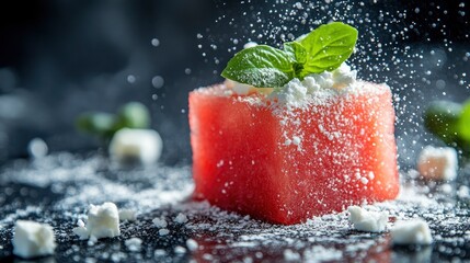 Sticker - A vibrant watermelon cube topped with feta and a mint leaf, sprinkled with powdery seasoning.