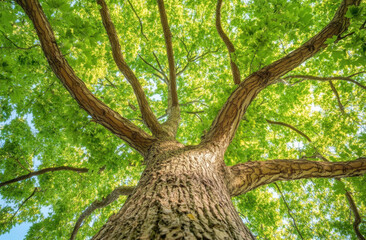 A majestic tree viewed from below, showcasing its vibrant green leaves and textured bark.