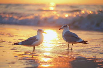 Canvas Print - Two seagulls stand on a beach at sunset, reflecting golden light on the water.