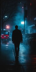 Wall Mural - A man walks down a wet street at night. The street is lit up with lights and the man is silhouetted against the darkness. The scene has a moody and mysterious feel to it
