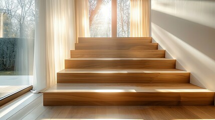 Wall Mural - Sunlit Modern Wooden Staircase in Minimalist Interior Design