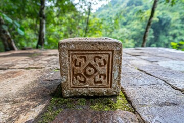 Wall Mural - A stone cube engraved with ancient symbols, sitting in a jungle setting with moss growing on its surface