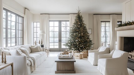 Wall Mural - Elegant Living Room Christmas Decor Featuring A Tall Decorated Tree