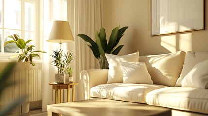 Wall Mural - Sunlit Living Room with Cream Sofa and Plants