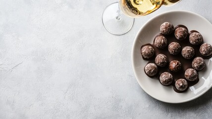 Sticker - Plate of chocolate truffles with glass white wine on textured surface