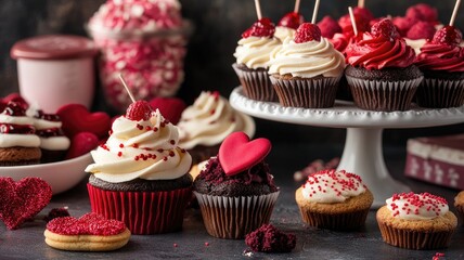 Wall Mural - Delicious cupcakes with assorted frosting and sprinkles on display