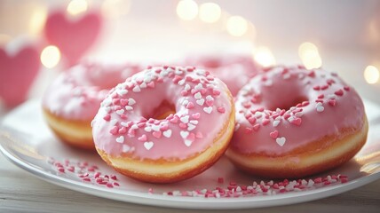 Wall Mural - Pink frosted donuts with heart sprinkles on white plate