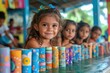 © kardaska - Smiling hispanic girl showing her artwork made with recycled material at kindergarten