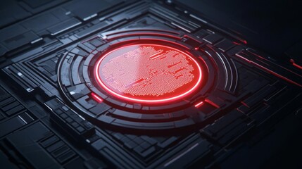 Futuristic circuit design with glowing red elements on a dark surface.