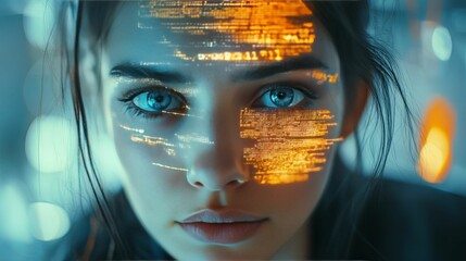 Wall Mural - Woman Face Illuminated By Digital Code