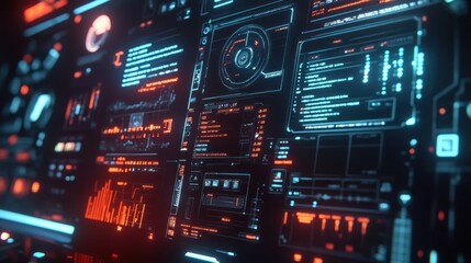 Futuristic digital interface with glowing HUD elements, data streams, and code.