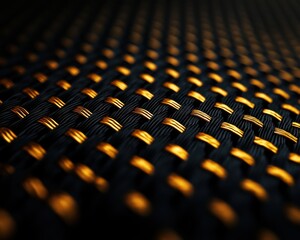 Fototapete - A close-up view of a textured fabric featuring a pattern of woven strands in dark colors and metallic gold accents, creating a striking visual contrast.