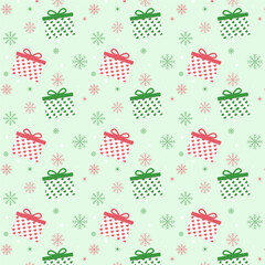 Wall Mural - Christmas seamless pattern.Red and green gift boxes with snowflakes isolated on background.Vector graphic illustration wallpaper.