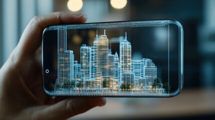 Poster - Hand holding smartphone displaying futuristic city skyline in holographic view, showcasing digital urban architecture and innovative design concepts in modern technology