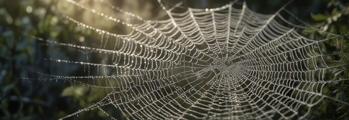 A spider's abandoned web is transformed into a delicate, lace-like pattern by morning dew, dew drops, insects, morning fog