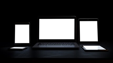 Wall Mural - modern devices displaying blank screens in dark setting