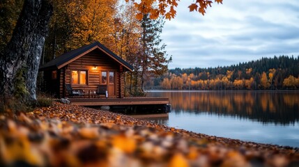 Wall Mural - Serene lakeside cabin surrounded by autumn foliage