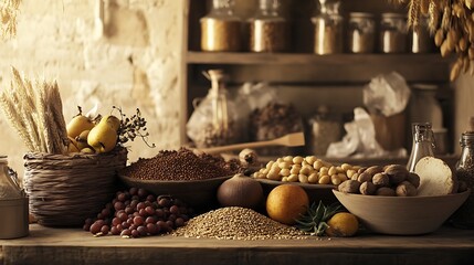 Wall Mural - a natural light setup of grains seeds and fruits in a clean eating display