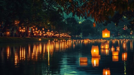 Wall Mural - the reflection of glowing and paper lanterns on a calm river, capturing the beauty and serenity of k