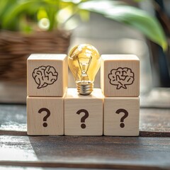 Poster - Conceptual of creative idea and innovation. Hand picked wooden cube block with head human symbol and light bulb icon and question mark symbol