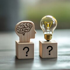 Poster - Conceptual of creative idea and innovation. Hand picked wooden cube block with head human symbol and light bulb icon and question mark symbol