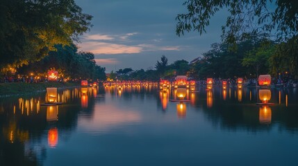 Wall Mural - the reflection of glowing and paper lanterns on a calm river, capturing the beauty and serenity of k