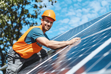 Wall Mural - A technician installs solar panels on a roof, promoting renewable energy and sustainability.