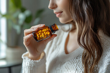 Wall Mural - A woman is holding a bottle of pills in her hand