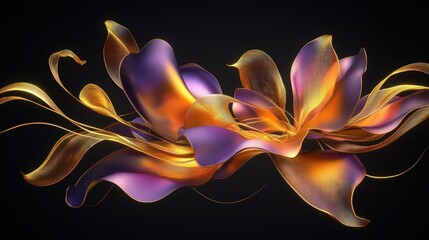 Wall Mural - a surreal floral arrangement with flowing petals in vibrant gold and purple, set against a pitch-bla