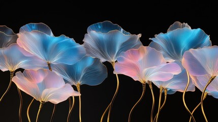 Wall Mural - an enchanting scene of translucent, colorful petals in blue and pink, layered gracefully on golden s