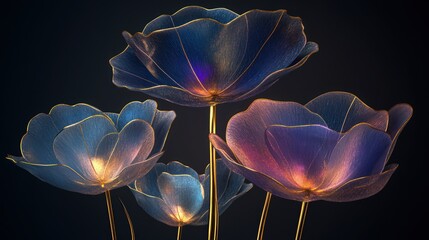 Wall Mural - bold, abstract flowers with golden stems and radiant petals in layers of blue, purple, and pink agai