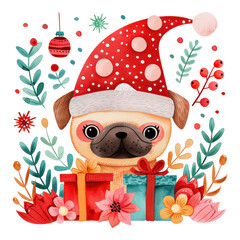 Wall Mural - Cute pug in Christmas hat with gifts and festive decorations