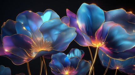 Wall Mural - bold, abstract flowers with golden stems and radiant petals in layers of blue, purple, and pink agai