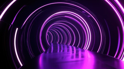 Wall Mural - neon purple and pink glowing rings positioned in a dark, minimalist space, encased by reflective lin