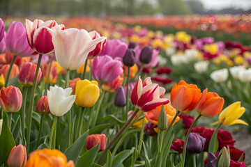 Wall Mural - A field of flowers with a variety of colors including pink, yellow, and orange