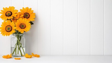 Wall Mural - a photostock of bright yellow sunflowers in a vase on a clean white background with scattered petals