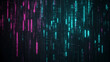© Jason Yoder - Dark background, vertical lines of blue and purple light with digital glitch effects