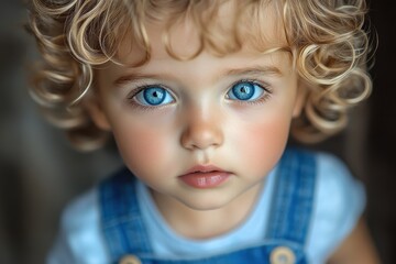 Wall Mural - Young child with curly hair and striking blue eyes looking directly at the camera, capturing innocence and curiosity in a soft, natural setting