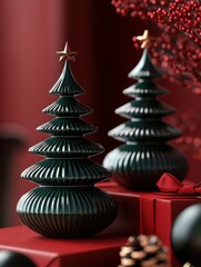 Wall Mural - Decorative ceramic Christmas trees displayed against a rich red backdrop with festive gift boxes and holiday decor elements accentuating the holiday spirit