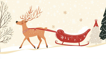 A whimsical reindeer pulling a sleigh with the greeting in elegant script, ñute vector illustration, greeting card, website banner