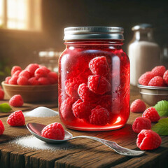 Poster - A glass jar filled with raspberry compote stands on a wooden table. Fresh berries lie around the jar