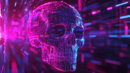 Futuristic glowing digital skull composition background
