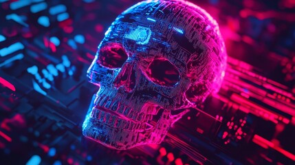 Futuristic glowing digital skull composition background