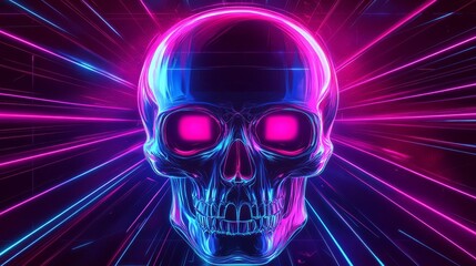 Futuristic glowing digital skull composition background