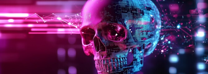 Futuristic glowing digital skull composition background
